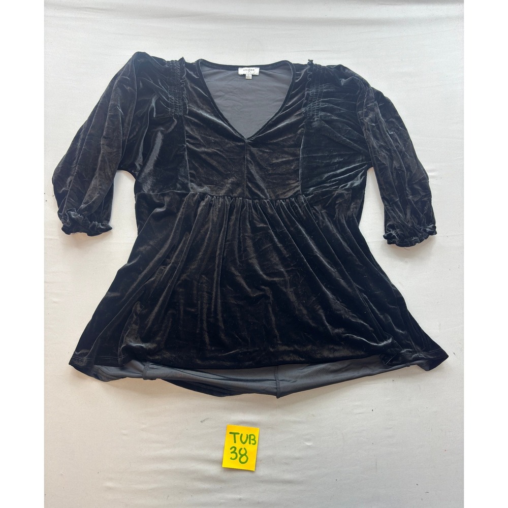 Umgee Black Velvet V-Neck Babydoll Tunic Top 3/4 Ruffle Sleeve Large